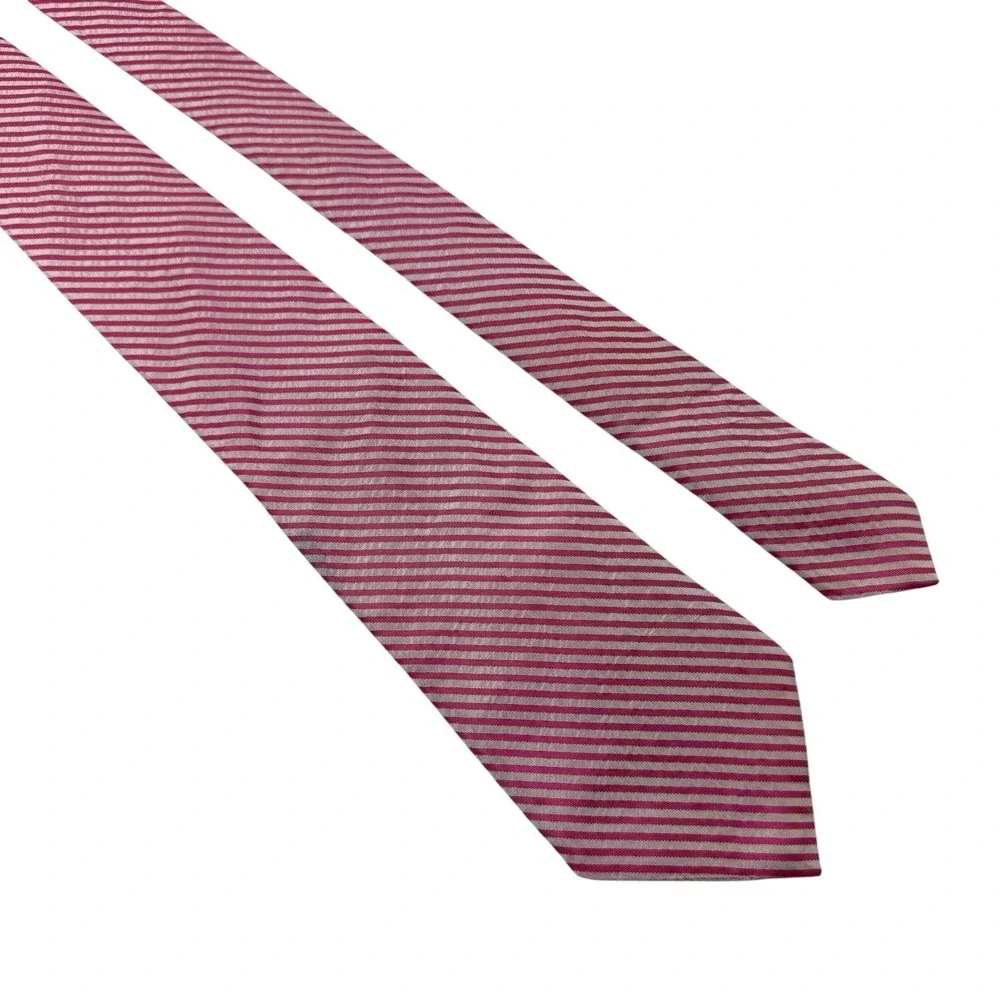 Polo Ralph Lauren Pink White Stripe Silk Seersucker Tie Handmade Italy‎